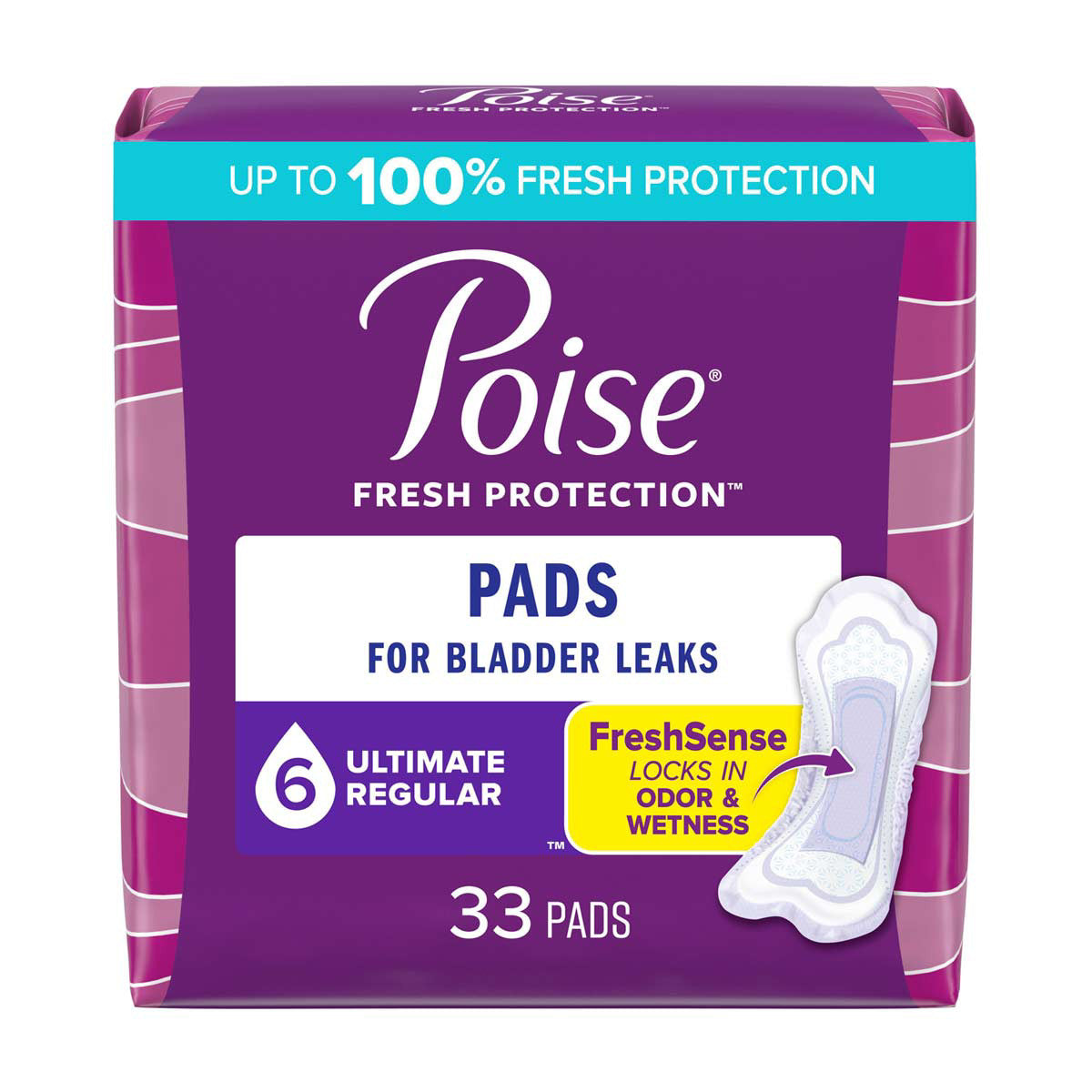Poise Incontinence Pads & Postpartum Incontinence Pads, 6 Drop Ultimate Absorbency, Regular Length, 33 ct