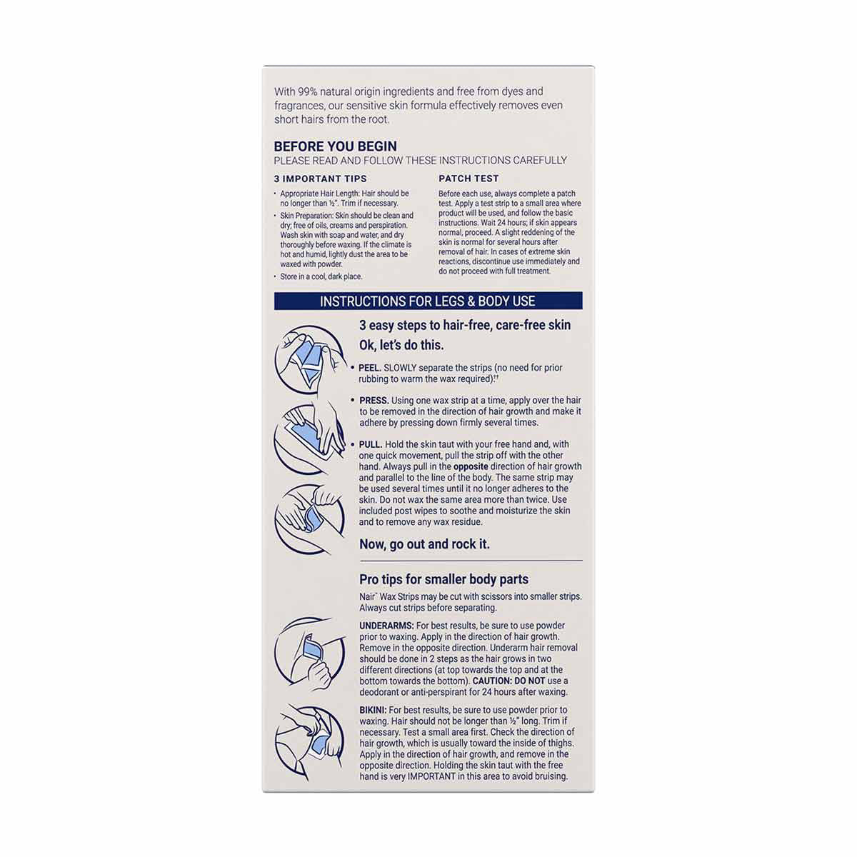 Nair Sensitive Hair Remover Wax Ready Strips, Legs and Body Hair Removal Wax Strips, 40 Count