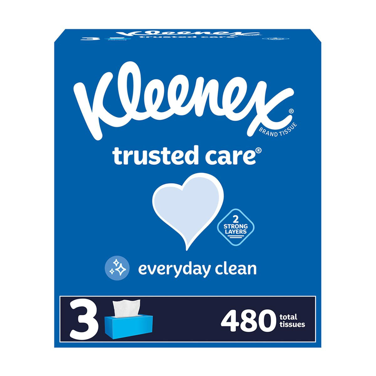 Kleenex Trusted Care Everyday Clean Facial Tissues, 3 Flat Boxes, 480 ct