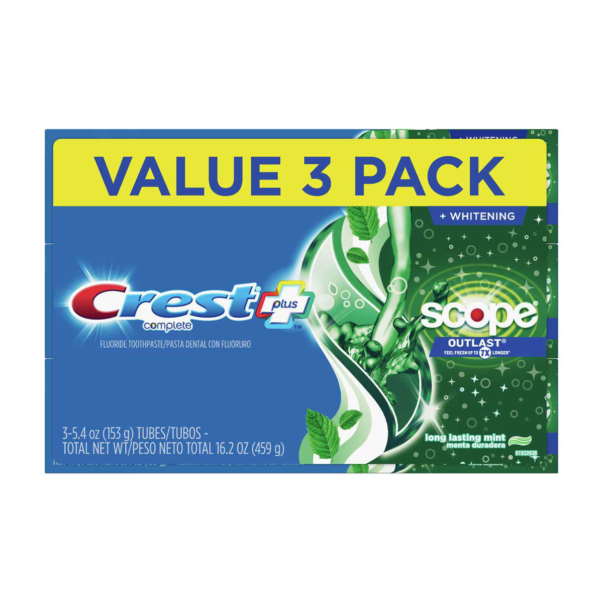 Crest + Scope Outlast Complete Whitening Toothpaste, Mint, 5.4 oz, Pack of 3