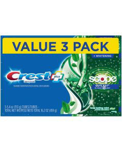 Crest + Scope Outlast Complete Whitening Toothpaste, Mint, 5.4 oz, Pack of 3