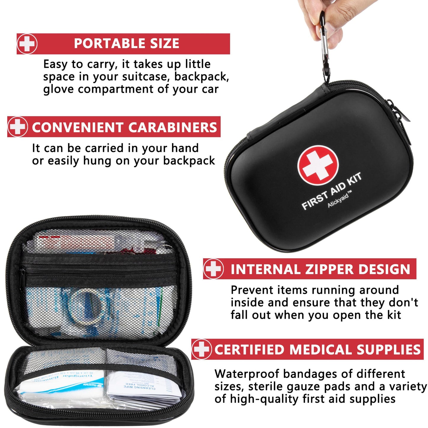 Mini First Aid Kit - 120 Piece Small Waterproof Hard Shell Medical Kit for Car, Home, Office, Travel, Camping, Sports, Outdoor, School - Emergency First Aid Supplies and Survival Kit (Black)