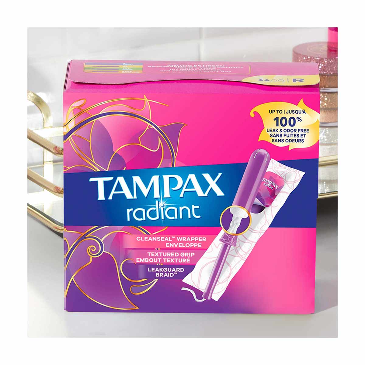 Tampax Radiant Tampons with LeakGuard Braid, Regular Absorbency, Unscented, 28 Count