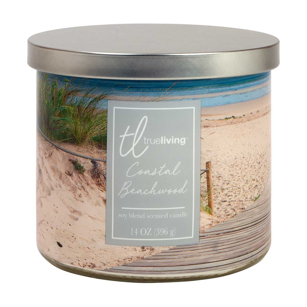 True Living Coastal Beachwood Scented Candle, 3-Wick Soy Blend, 14 oz