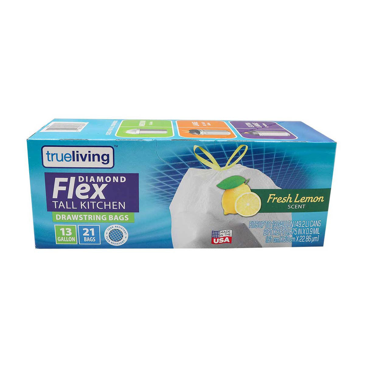TrueLiving Diamond Flex Tall Kitchen Drawstring Trash Bags, Fresh Lemon Scent, 13 gal - 21 ct