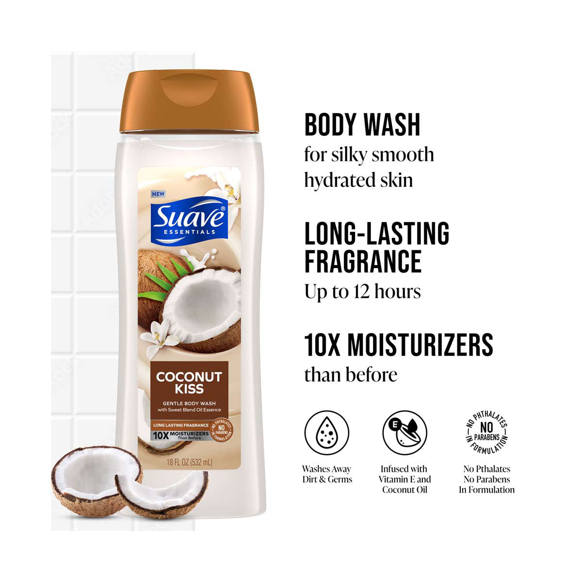 Suave Essentials Coconut Kiss Body Wash, 18 oz