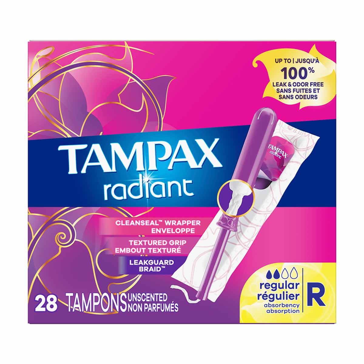 Tampax Radiant Tampons with LeakGuard Braid, Regular Absorbency, Unscented, 28 Count