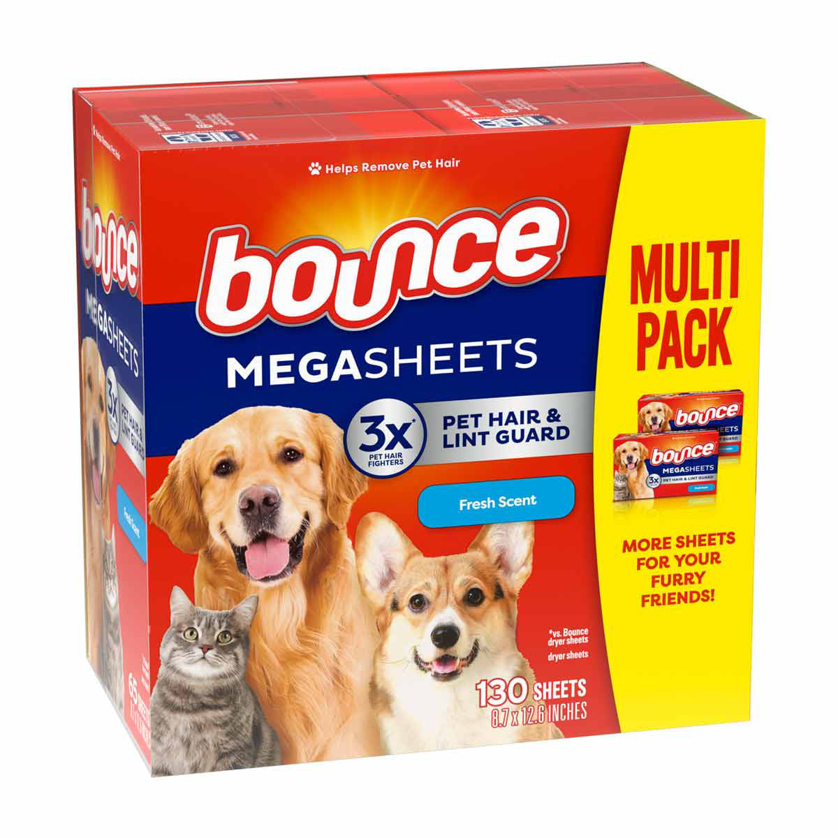 Bounce Pet Hair and Lint Guard Mega Dryer Sheets with 3X Pet Hair Fighters, Fresh Scent, 130 Count, Bounce Dryer Sheets, Pet Hair Remover for Laundry