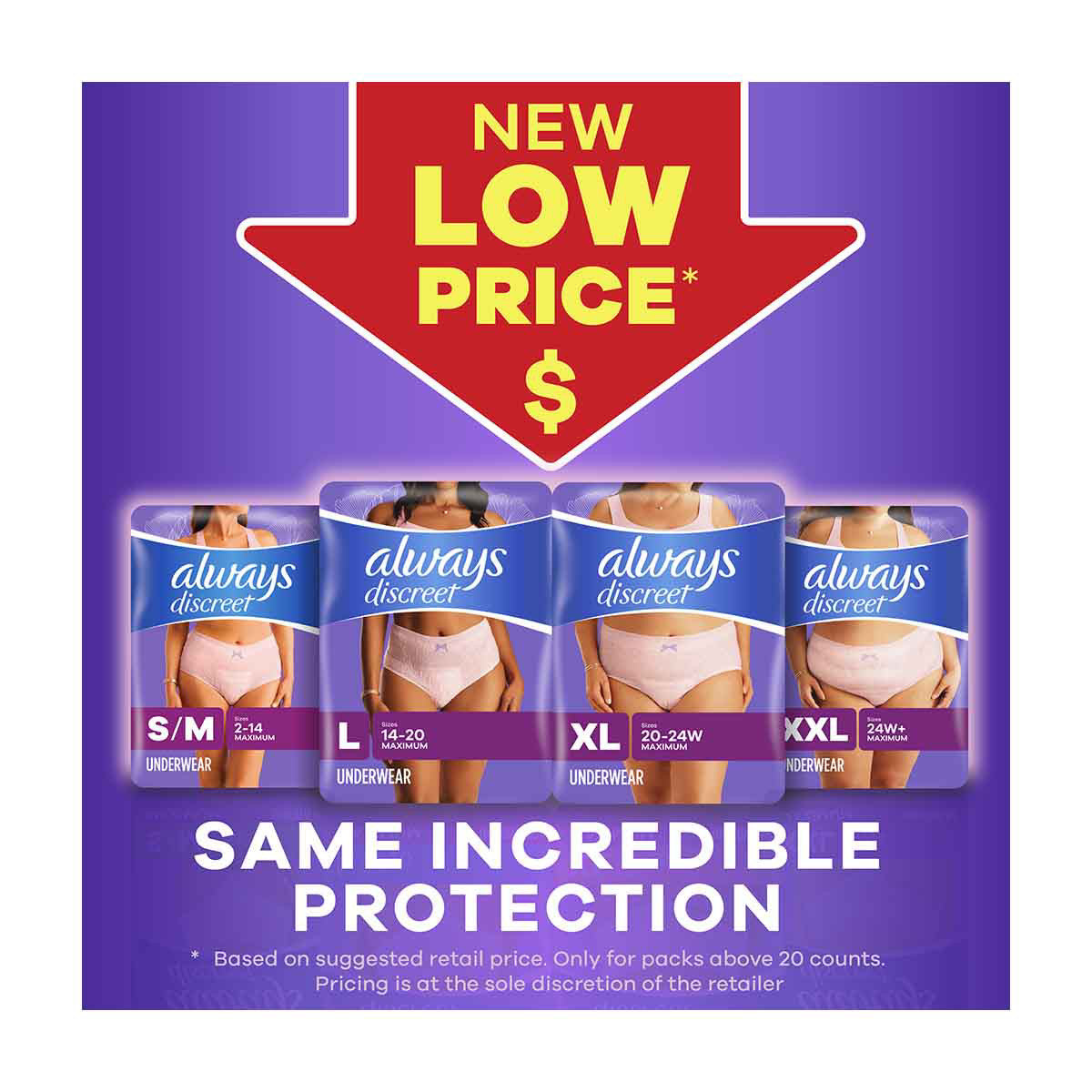 Always Discreet Adult Incontinence Underwear for Women and Postpartum Underwear, XL, Up to 100% Bladder Leak Protection, 26 CT