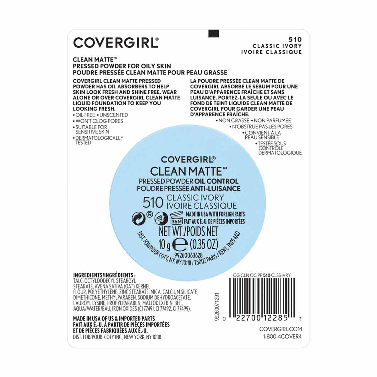 CoverGirl Clean Matte Pressed Powder, 510 Classic Ivory, 0.35 oz
