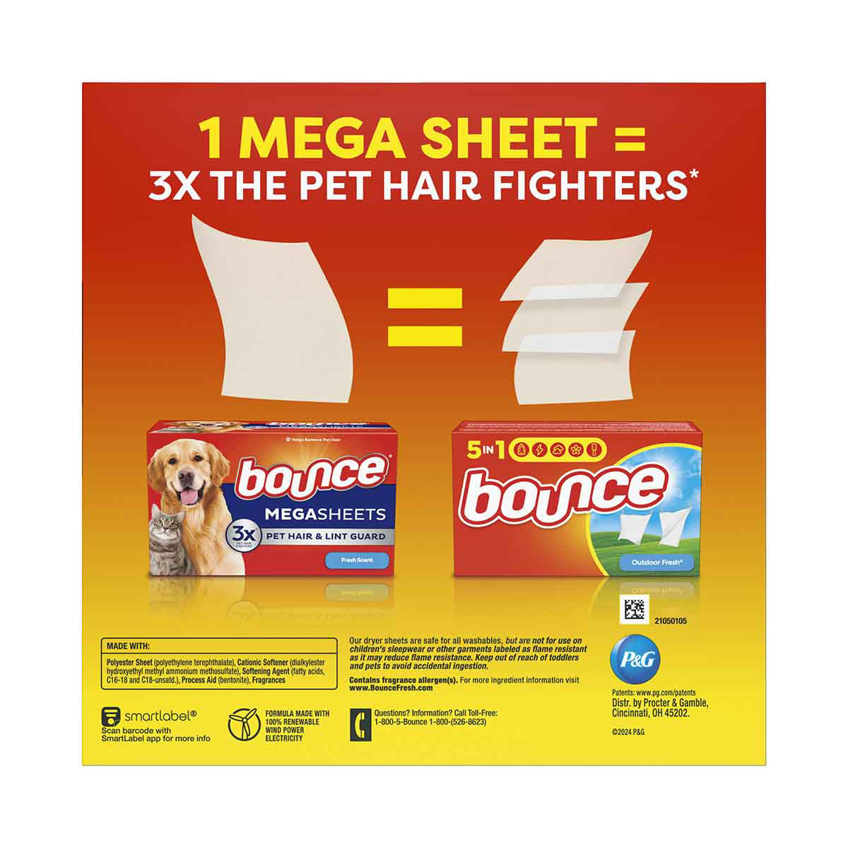 Bounce Pet Hair and Lint Guard Mega Dryer Sheets with 3X Pet Hair Fighters, Fresh Scent, 130 Count, Bounce Dryer Sheets, Pet Hair Remover for Laundry