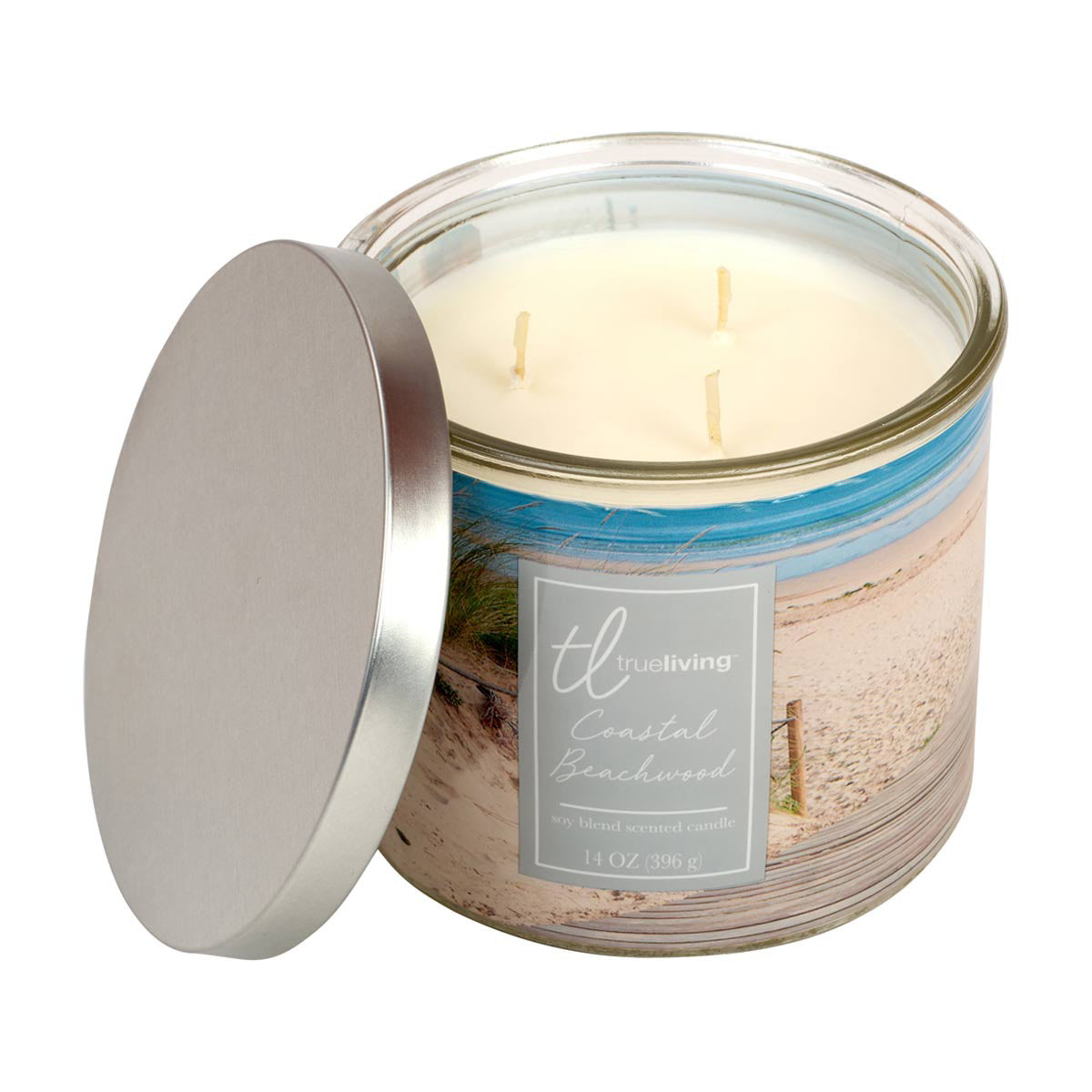 True Living Coastal Beachwood Scented Candle, 3-Wick Soy Blend, 14 oz