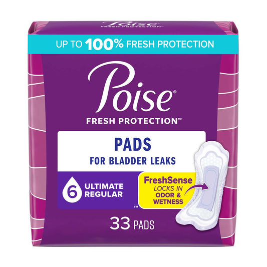 Poise Incontinence Pads & Postpartum Incontinence Pads, 6 Drop Ultimate Absorbency, Regular Length, 33 ct