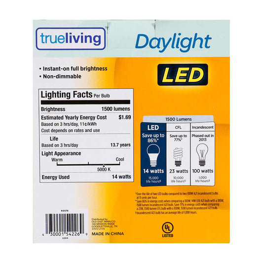 True Living Daylight LED 100 w Bulb, 2 ct