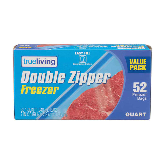 TrueLiving Double Zipper Freezer Bags, Quart Size, 52 ct