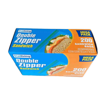 TrueLiving Double Zipper Sandwich Bags, 6.5 in x 5.9 in, 200 ct