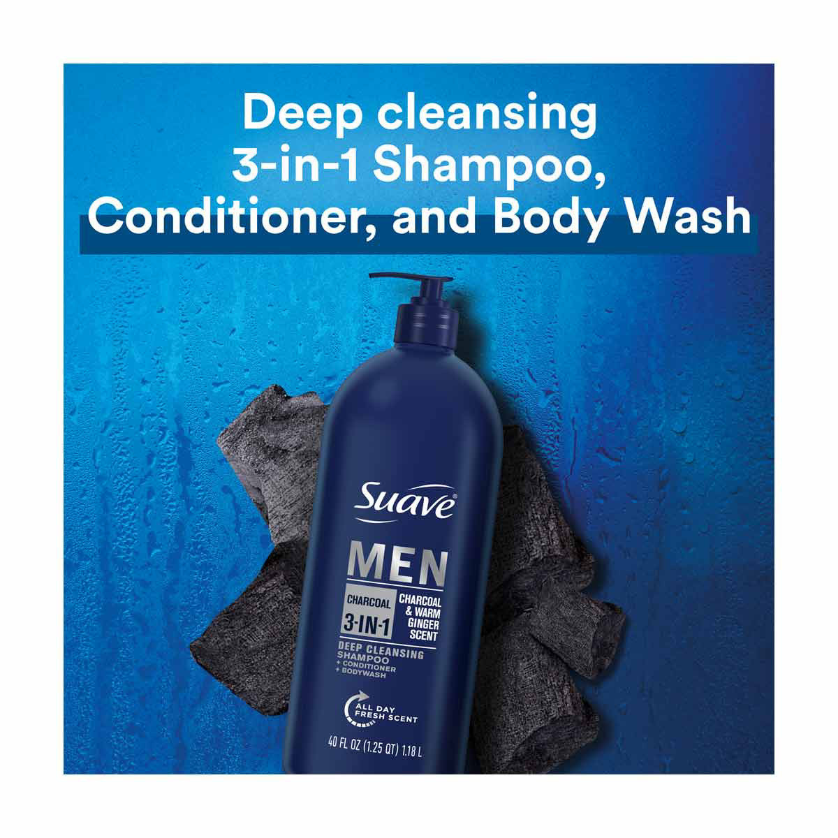 Suave Men 3-in-1 Shampoo, Conditioner & Body Wash - Charcoal & Warm Ginger Scent, 40 fl oz