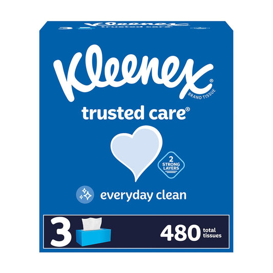 Kleenex Trusted Care Everyday Clean Facial Tissues, 3 Flat Boxes, 480 ct