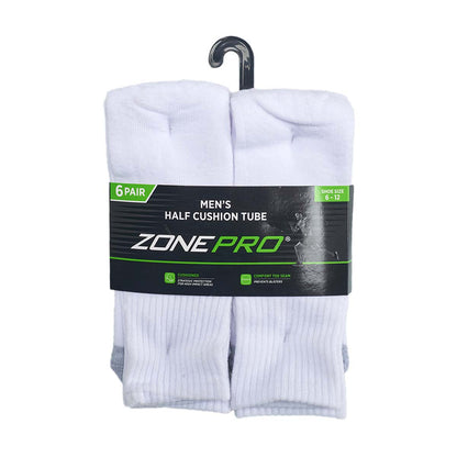 Zone Pro Men's Half Cushion Tube Socks, Shoe Size 6-12, White, 6 pk
