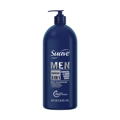 Suave Men 3-in-1 Shampoo, Conditioner & Body Wash - Charcoal & Warm Ginger Scent, 40 fl oz