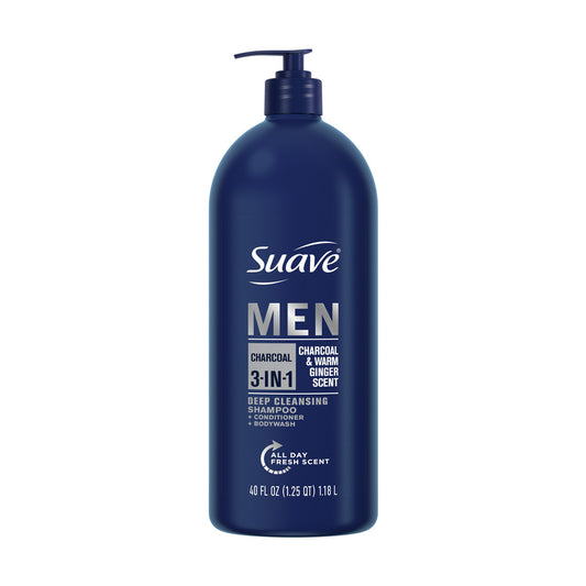 Suave Men 3-in-1 Shampoo, Conditioner & Body Wash - Charcoal & Warm Ginger Scent, 40 fl oz