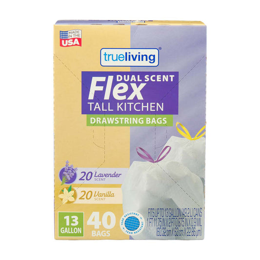 True Living Dual Scent Flex Tall Kitchen Drawstring Bags, Lavender and Vanilla, 40 ct