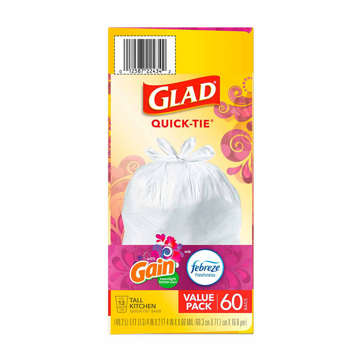 Glad® Tall Kitchen Quick-Tie Trash Bags, 13 Gallon, Gain Moonlight Breeze with Febreze, 60 Count
