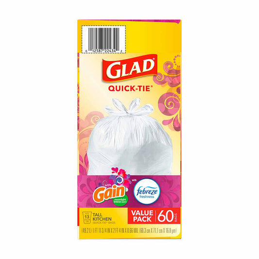 Glad® Tall Kitchen Quick-Tie Trash Bags, 13 Gallon, Gain Moonlight Breeze with Febreze, 60 Count