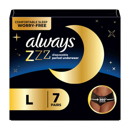 Always ZZZ Overnight Disposable Period Underwear for Women Sz L, 360° Coverage for Worry-Free Nights, 7 Count