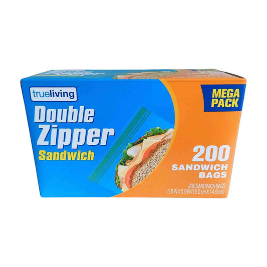 TrueLiving Double Zipper Sandwich Bags, 6.5 in x 5.9 in, 200 ct