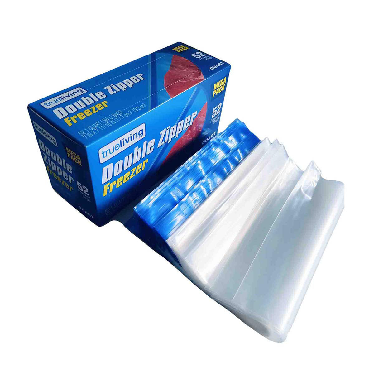 TrueLiving Double Zipper Freezer Bags, Quart Size, 52 ct