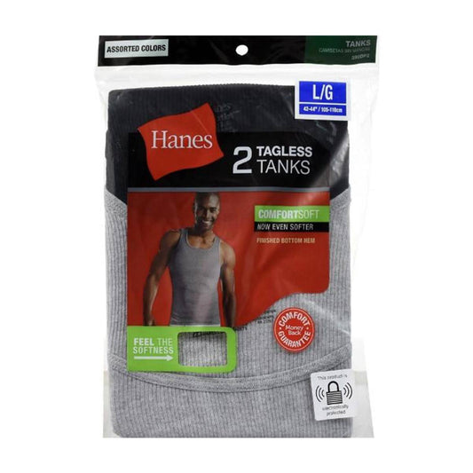Hanes Men's Tagless Tanks, Ribbed Tank Top Undershirts, Assorted Colors, Large, 2 pk