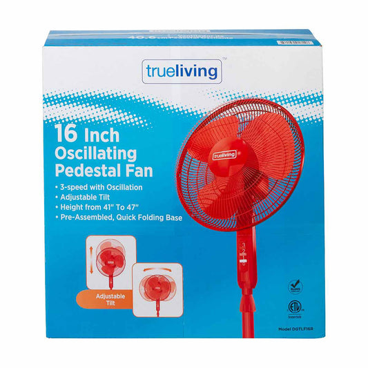 True Living Adjustable Oscillating Pedestal Fan - Red, 16 in