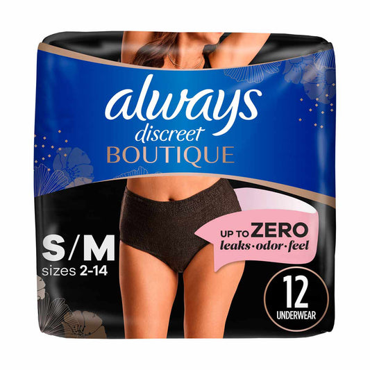 Always Discreet Boutique Underwear, Black - Size S/M, 12 ct