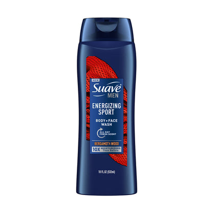 Suave Men Body + Face Energizing Sport Wash, Bergamot & Wood, 18 fl oz