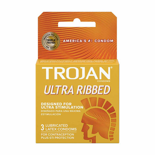 Trojan Ultra Ribbed Condoms, Lubricated Latex Condoms for Enhanced Stimulation, 3 ct
