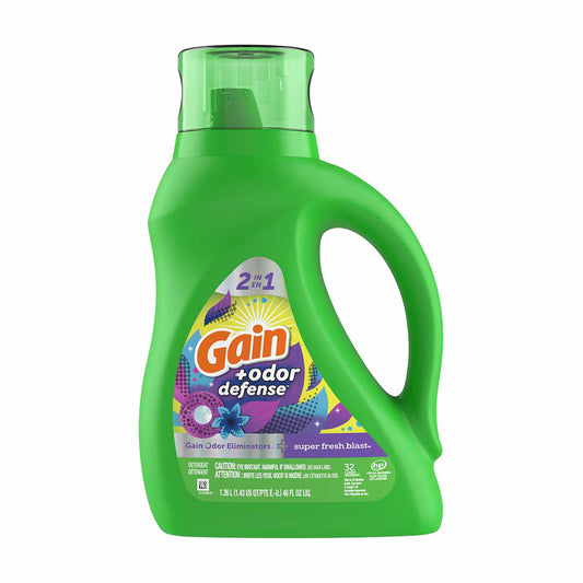 Gain Odor Defense Liquid Laundry Detergent, Super Fresh Blast Scent, 46 fl oz, 32 loads, 2 in 1, Laundry Detergent Liquid Soap, HE compatible