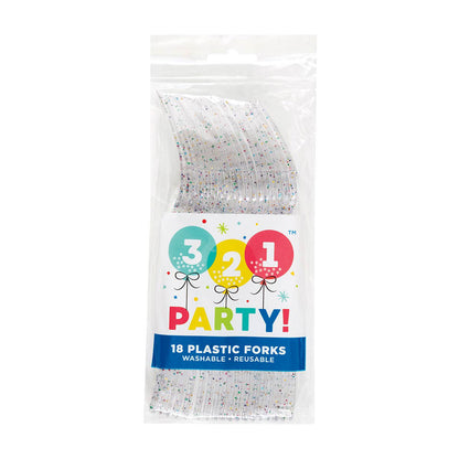 321 Party! Rainbow Glitter Plastic Forks, 18 ct