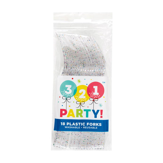 321 Party! Rainbow Glitter Plastic Forks, 18 ct