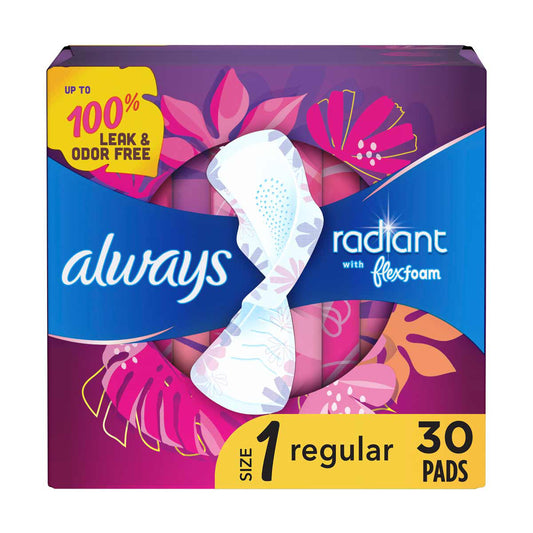 Always Radiant Feminine Pads with Flex Foam, Size 1 Regular, 30 ct