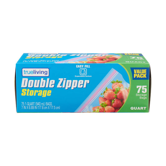 TrueLiving Double Zipper Storage Bags Value Pack, Quart Size, 75 ct