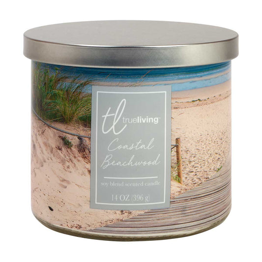 True Living Coastal Beachwood Scented Candle, 3-Wick Soy Blend, 14 oz