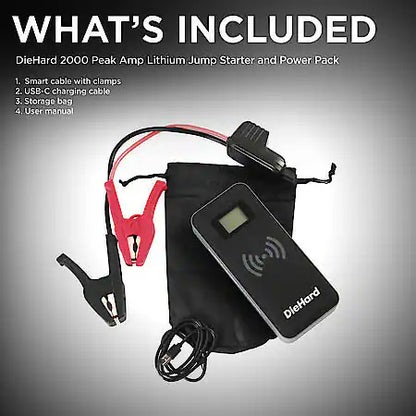 2000 Peak Amp Lithium Jump Starter and Power Pack: Safe Smart Cable and Clamps