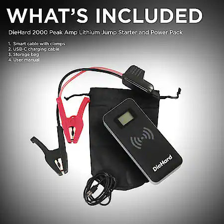 2000 Peak Amp Lithium Jump Starter and Power Pack: Safe Smart Cable and Clamps