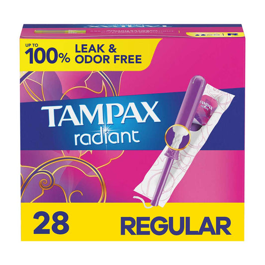 Tampax Radiant Tampons with LeakGuard Braid, Regular Absorbency, Unscented, 28 Count