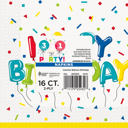 321 Party! Colorful Balloon Birthday Luncheon Napkins, 16 ct