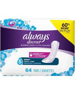 Always Discreet Incontinence Pads for Women, Heavy Absorbency, Long Length, 64 Count
