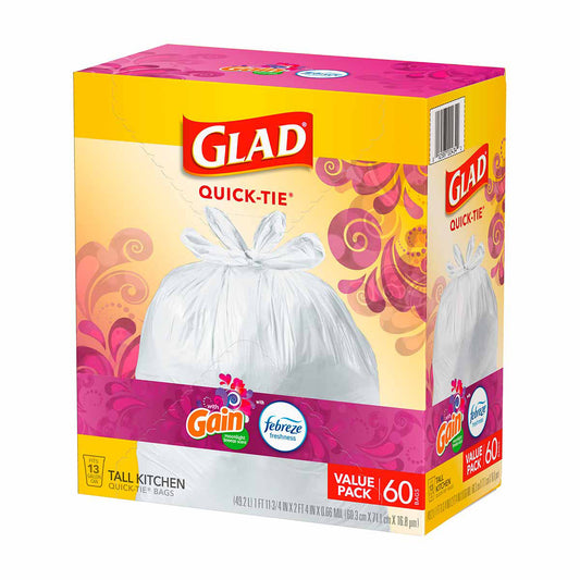 Glad® Tall Kitchen Quick-Tie Trash Bags, 13 Gallon, Gain Moonlight Breeze with Febreze, 60 Count