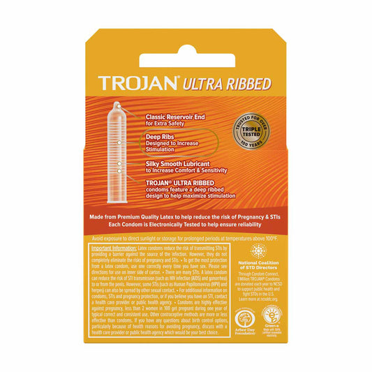 Trojan Ultra Ribbed Condoms, Lubricated Latex Condoms for Enhanced Stimulation, 3 ct