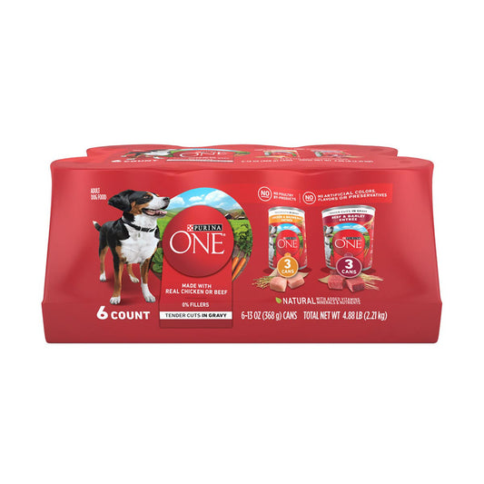 Purina ONE Tender Cuts in Gravy Chicken and Brown Rice, and Beef and Barley Entrees Wet Dog Food Variety Pack, 13 oz cans - 6 ct